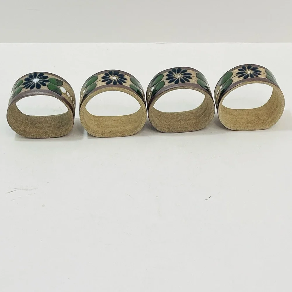 Mexican Tonala Pottery Napkin Rings Flower Rust Green Leaves  - Set‎ of 4
